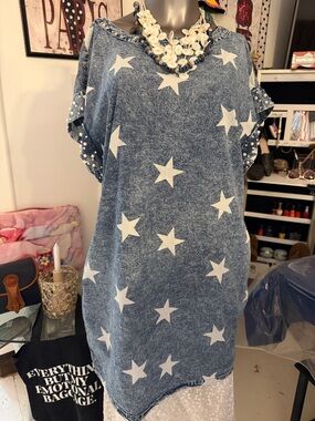 Blue Buttercup  medium Dress Blue Acid-Wash Star Print  pearl studs & rhinestone